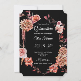 Floral Quinceañera Black invitation