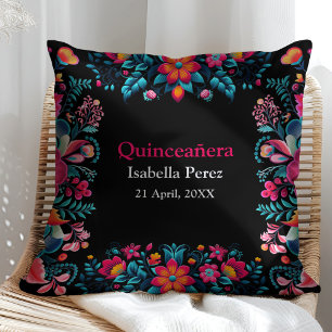 Floral Quinceanera Black Mexican Fiesta Birthday Cushion