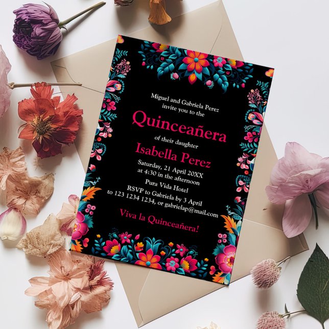 Floral Quinceanera Black Mexican Fiesta Birthday Invitation (Floral Quinceanera Black Mexican Fiesta Birthday Invitation on a table with colorful flowers.)