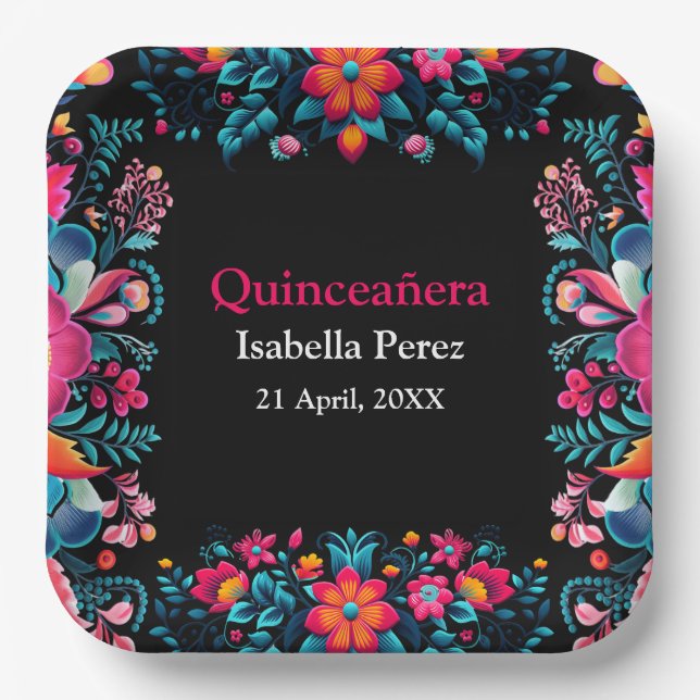 Floral Quinceanera Black Mexican Fiesta Birthday Paper Plate (Front)