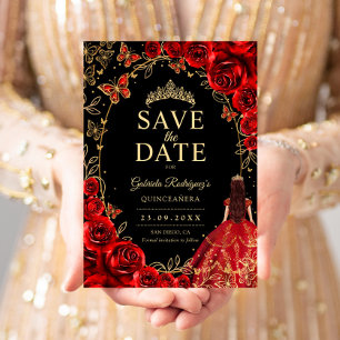 Floral Quinceanera Black Red Gold Save The Date