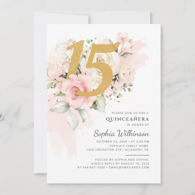 Floral Quinceanera Botanical 15th Birthday Invitation (Front)