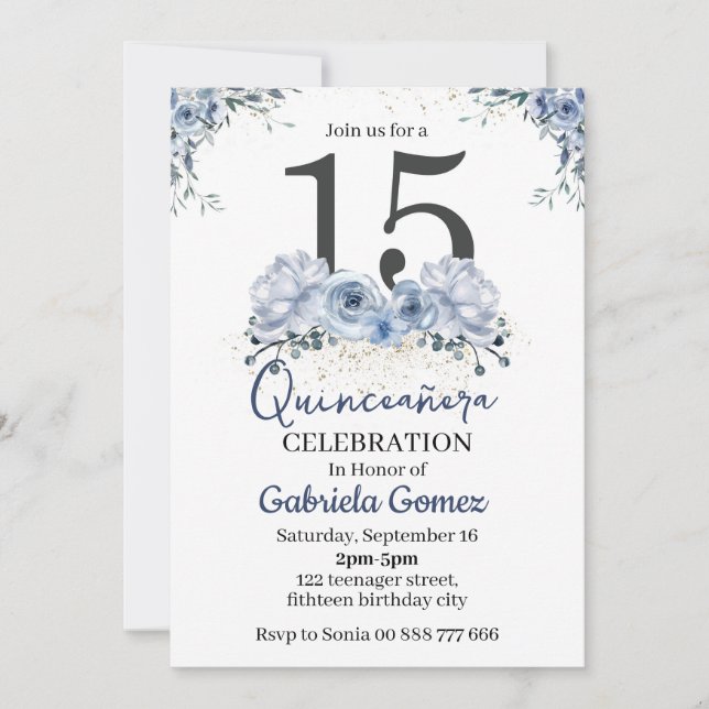 Floral Quinceanera Dusty Blue 15th Birthday Invitation (Front)