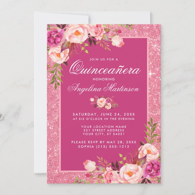 Floral Quinceanera Hot Pink Glitter Invitation (Front)