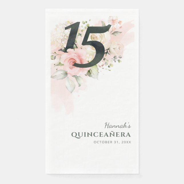 Floral Quinceanera Pink 15th Birthday Party Napkin (Front)