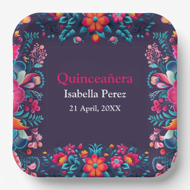 Floral Quinceanera Purple Mexican Fiesta Birthday Paper Plate (Front)