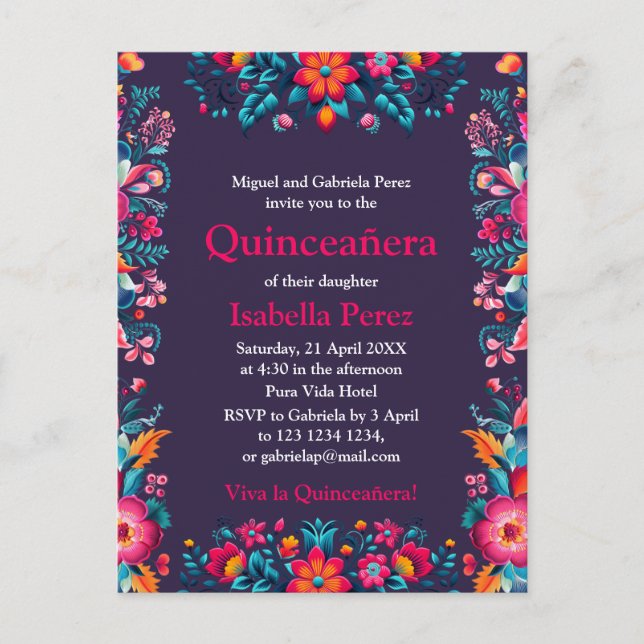Floral Quinceanera Purple Mexican Fiesta Birthday Postcard (Front)