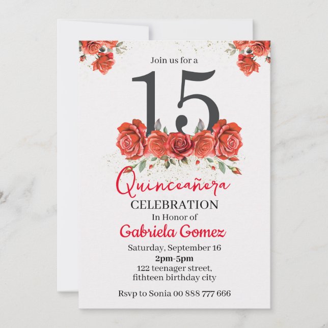 Floral Quinceanera Red Burgundy 15th Birthday Invitation (Front)
