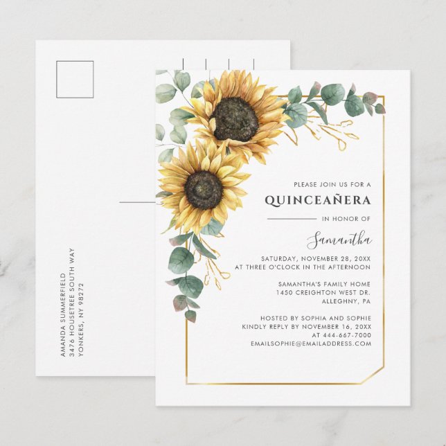 Floral Quinceanera Sunflower 15th Birthday Party Invitation Postcard (Front/Back)