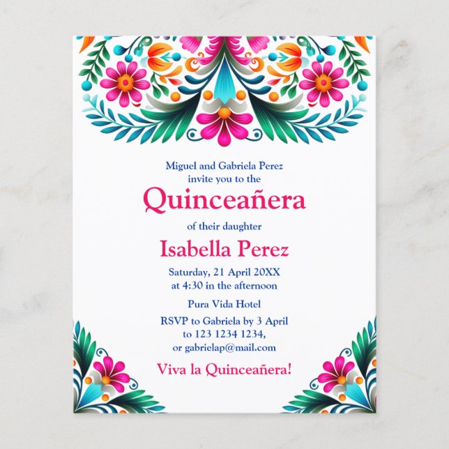 Floral Quinceanera White Mexican Fiesta Birthday Flyer (Front)