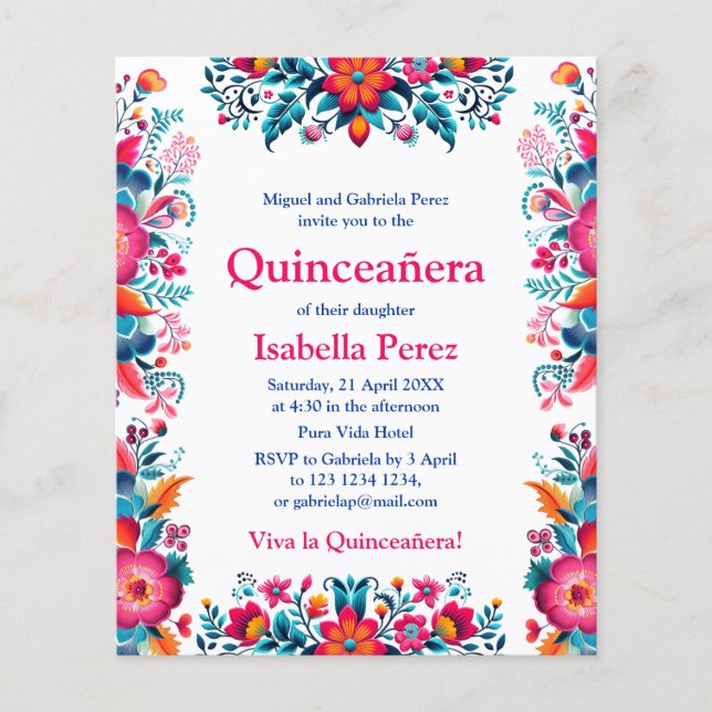 Floral Quinceanera White Mexican Fiesta Birthday Flyer (Front)