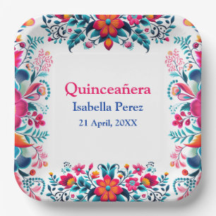 Floral Quinceanera White Mexican Fiesta Birthday Paper Plate