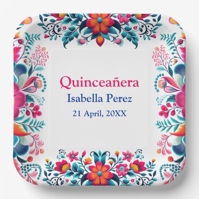 Floral Quinceanera White Mexican Fiesta Birthday Paper Plate (Front)