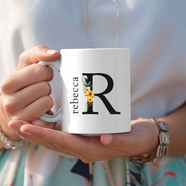 Floral R Monogram Mug with Editable Name (Floral R Monogram Mug with Editable Name. Yellow, Orange & Greenery Watercolor Flowers.)