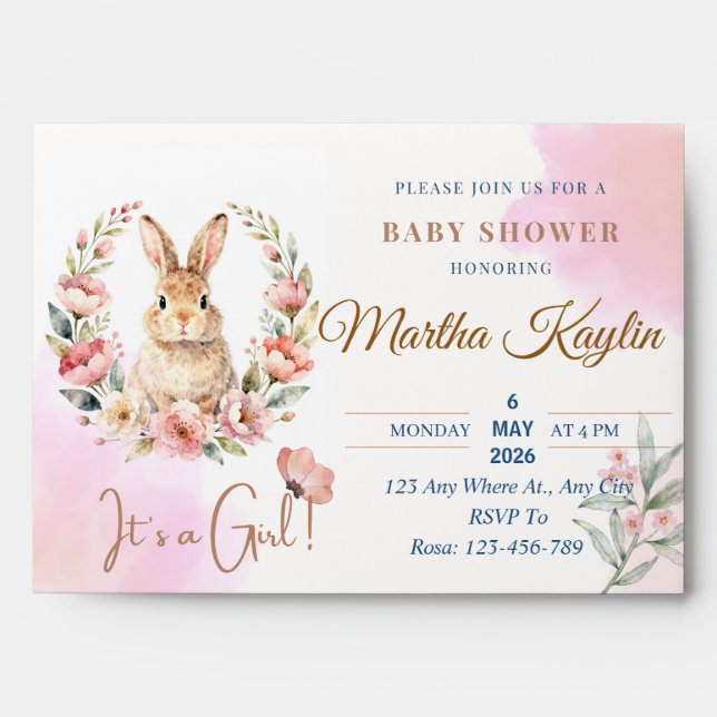 Floral Rabbit Greeting Card Baby Shower Envelope (Front)