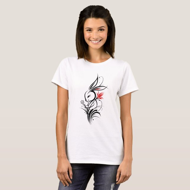 Floral Rabbit Line Art T-Shirt (Front Full)