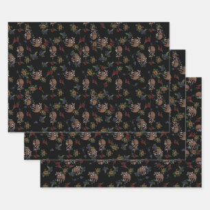 Floral Raccoons Cute Sleeping Racoon Pattern Wrapping Paper Sheet