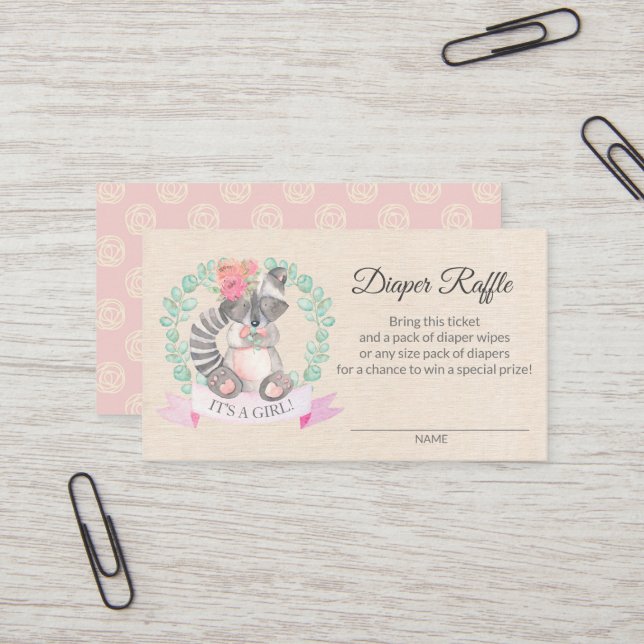 Floral Racoon Baby Shower Diaper Raffle Ticket (Front/Back In Situ)