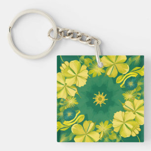 Floral Radiance: Yellow & Green Botanical Pattern Key Ring