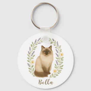 Floral Ragdoll Cat Frame Personalized Name Key Ring