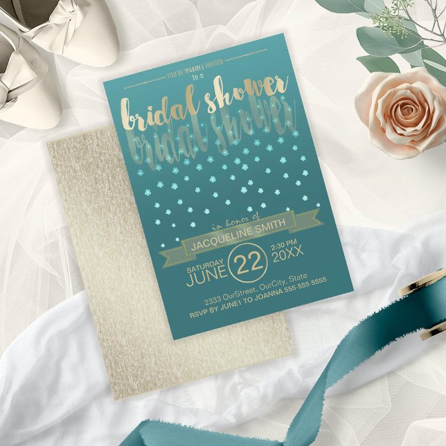 Floral Rain Bridal Shower Blue Gold ID303 Invitation (Front/Back In Situ)