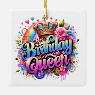 Floral Rainbow Birthday Queen Ceramic Ornament