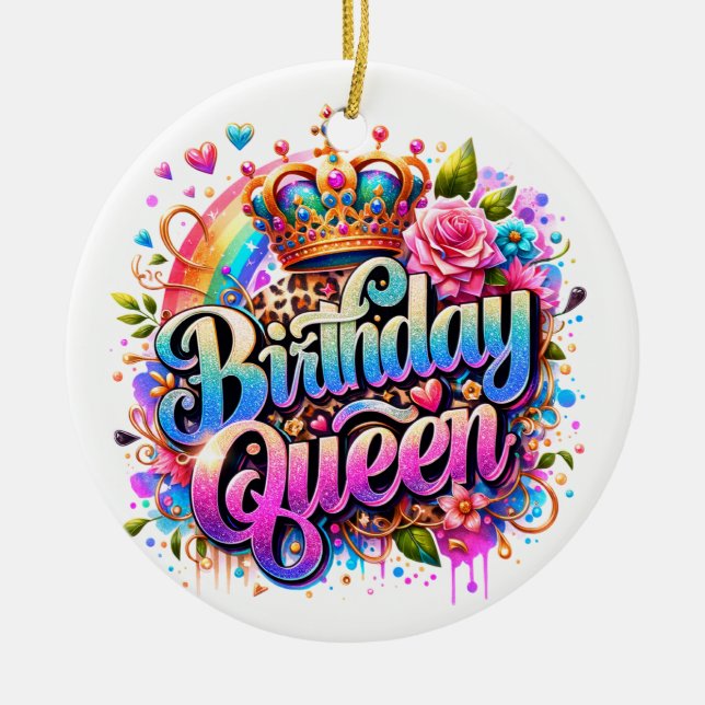 Floral Rainbow Birthday Queen Ceramic Tree Decoration (Front)