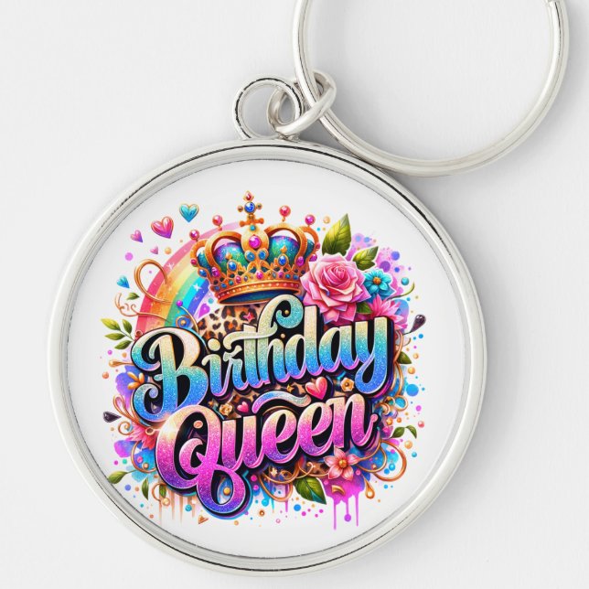 Floral Rainbow Birthday Queen Key Ring (Front)