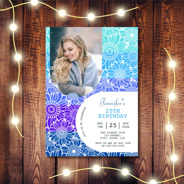 Floral Rainbow Blue Stripes Arch Photo Birthday  Invitation (Creator Uploaded)