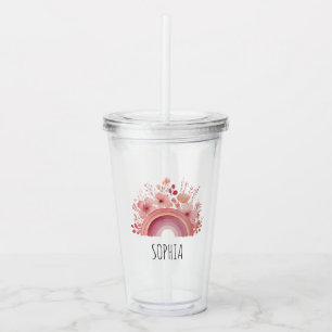 Floral Rainbow Girls Mug Personalised Name Acrylic Tumbler
