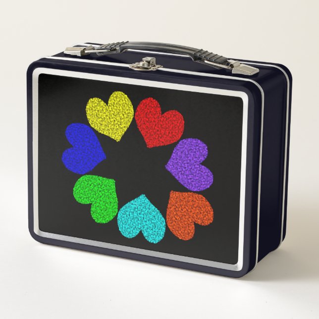 Floral Rainbow Love Hearts Metal Lunch Box (Front)