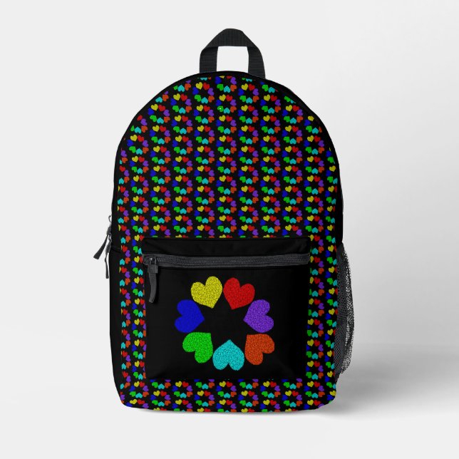 Floral Rainbow Love Hearts Printed Backpack (Front)