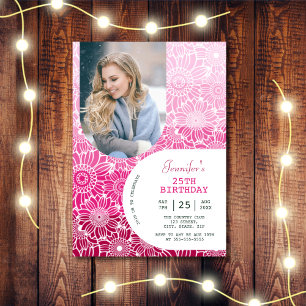Floral Rainbow Pink Stripes Arch Photo Birthday Invitation