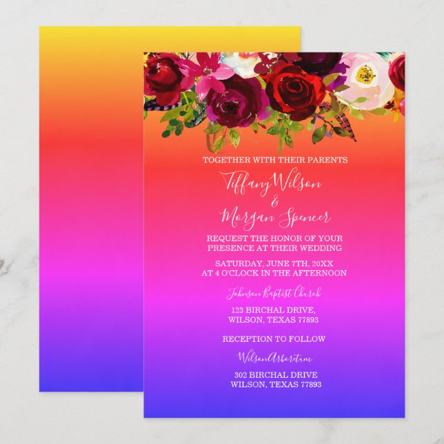 Floral Rainbow Same-Sex Marriage wedding Invite (Front/Back)