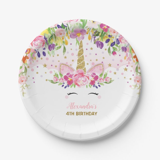 Floral Rainbow Unicorn Girl Birthday Party Plate (Front)