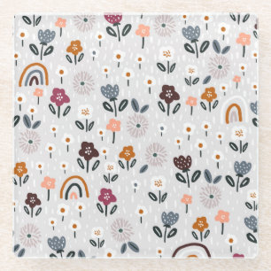 Floral Rainbows: Hand Drawn Seamless Texture Glass Coaster