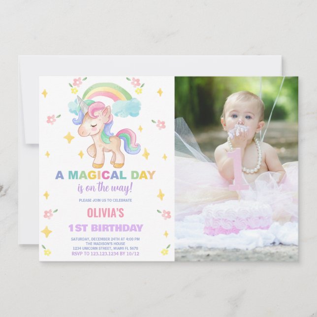 Floral Rainbows Unicorn Birthday Invitations photo (Front)