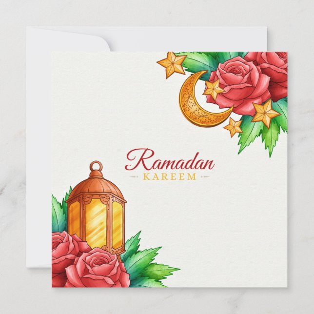 floral Ramadan Kareem | Gold crescent and lantern Holiday Card (Front)