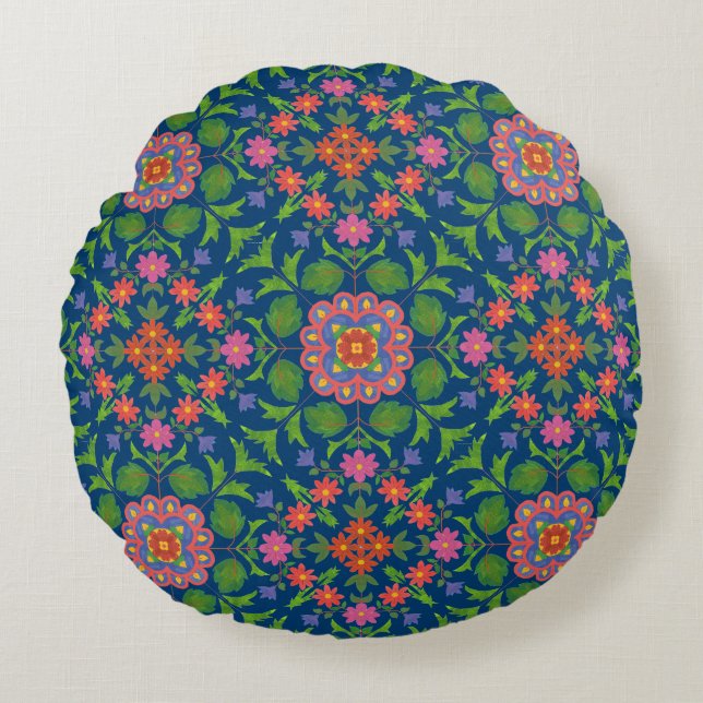 Floral Rangoli, Deep Blue Round Pillow or Cushion (Front)