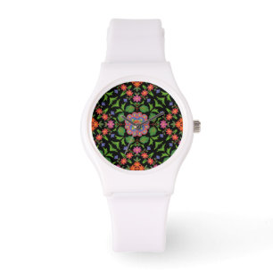 Floral Rangoli on Black White Sporty Wristwatch