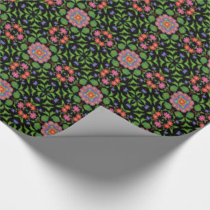 Floral Rangoli Pattern, Black Wrapping Paper
