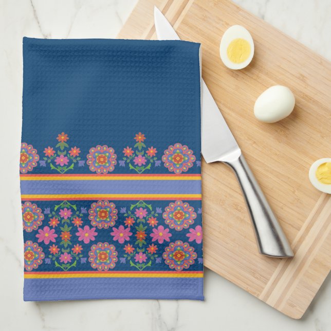 Floral Rangoli Pattern Border, Blue Kitchen Towel (Quarter Fold)