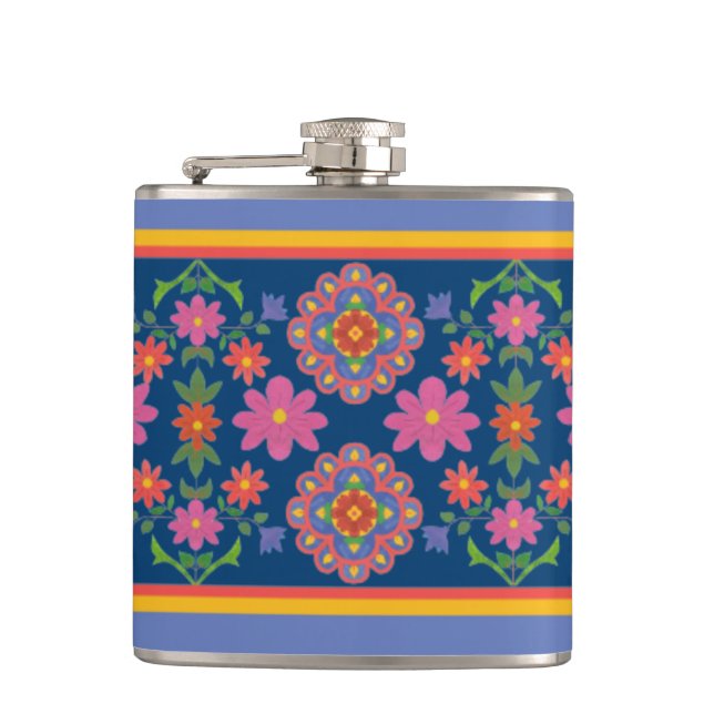 Floral Rangoli Pattern Border on Blue Hip Flask (Front)