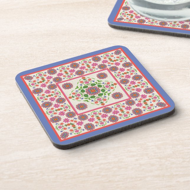 Floral Rangoli Pattern Border on Ecru: Coasters (Left Side)