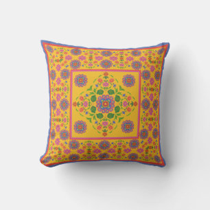 Floral Rangoli Pattern Border, Yellow Throw Pillow