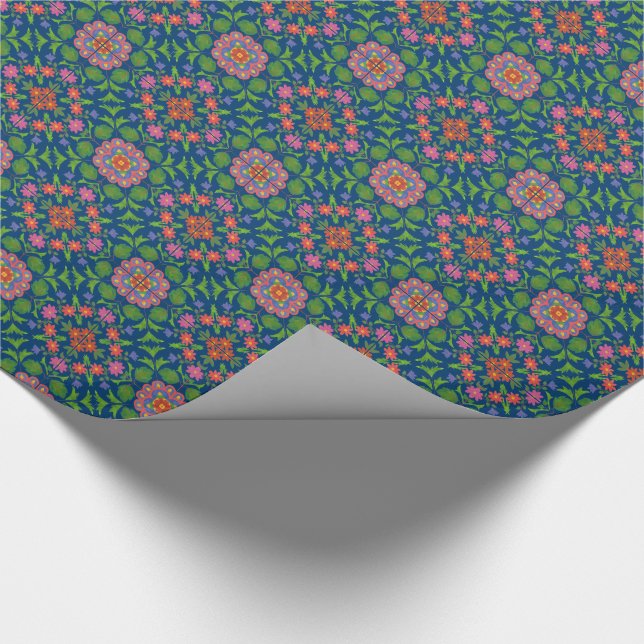 Floral Rangoli Pattern, Deep Blue Wrapping Paper (Corner)