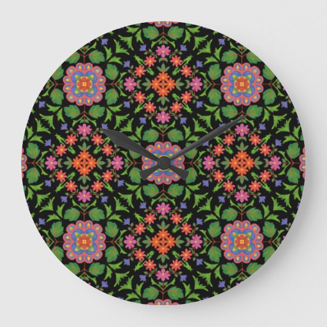 Floral Rangoli Pattern on Black Acrylic Wall Clock (Front)
