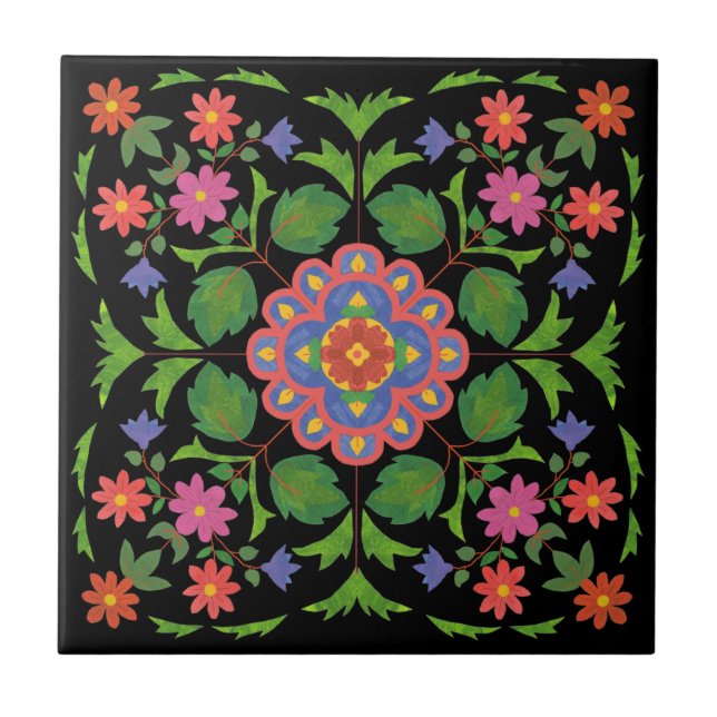 Floral Rangoli Pattern on Black Ceramic Tile (Front)
