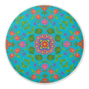 Floral Rangoli Pattern on Turquoise Ceramic Knob