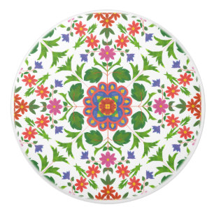 Floral Rangoli Pattern on White Ceramic Knob